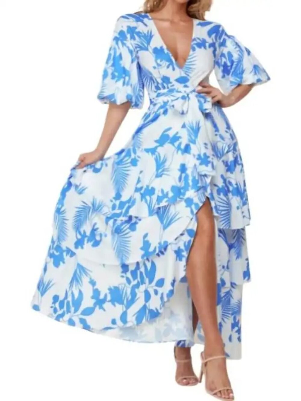 L'ATISTE Nantucket Blue Floral Faux Wrap High Low Maxi Dress Small New With Tags